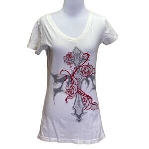 Raw7 Cross Roses Embroidery V-Neck T-Shirt Size Medium